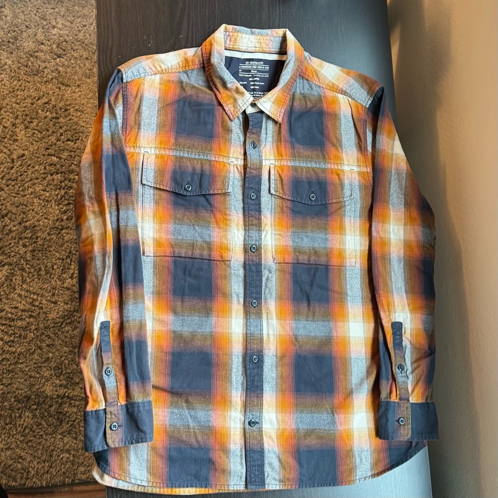 REI Men's Plaid Flannel Shirt - Orange, Blue, and White